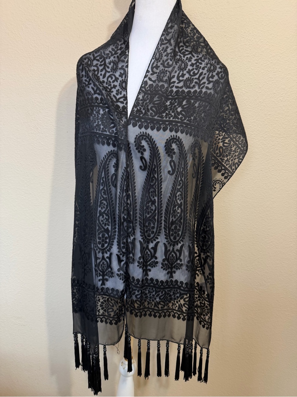 Black Paisley Sheer Fringe Scarf Wrap - Women's Accessory 76x13”